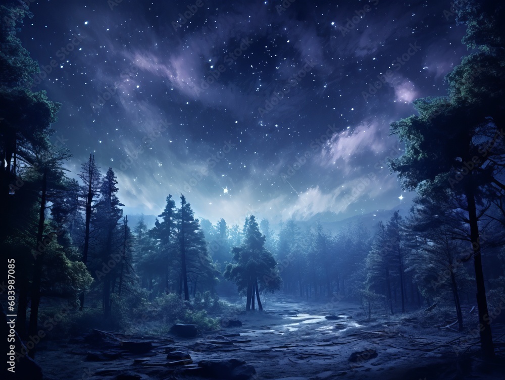 Fototapeta premium Spectacular Vision: Milky Way's Majestic Rise Above the Forest Canopy Generative AI