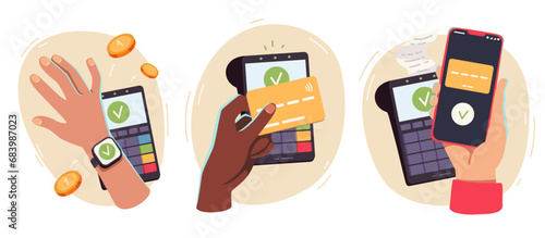 Contactless payment transaction technology set. Person hand buy paying with smartphone, smartwatch, card on POS terminal stickers. NFC mobile phone pay wireless device concept flat vector illustration