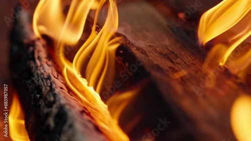 A close-up of wood burning in an open fire A bright flame of fire burns log for outdoor barbecuing  photo