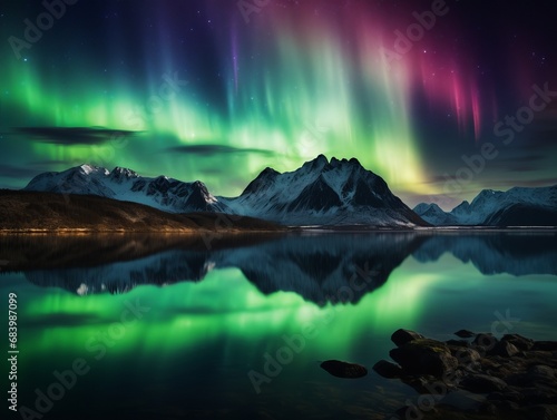 Stunning Aurora Borealis Over Norway's Majestic Mountain Lake: A Visual Feast Generative AI