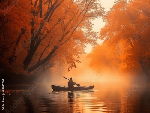 Unleashing Adventure: Solo Kayaking Journey Amidst the Stunning Autumn Splendor Generative AI