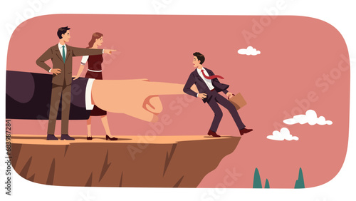 Impossible job requirements or hard tasks concept. Boss and executive managers man, woman order employee or candidate business person to jump off cliff. Extreme test metaphor flat vector illustration