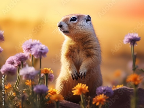 Unseen Moments: The Majestic Prairie Dog Stands Guard atop a Vibrant Bloom Generative AI