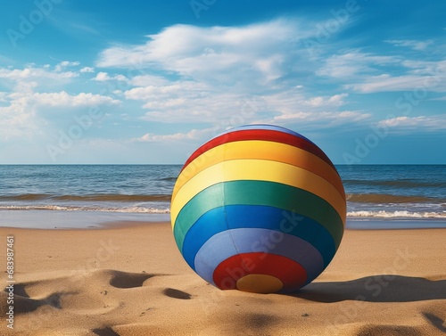 Unleash Summer Fun  Vibrant Rainbow Beach Ball Amidst Serene Sands Generative AI