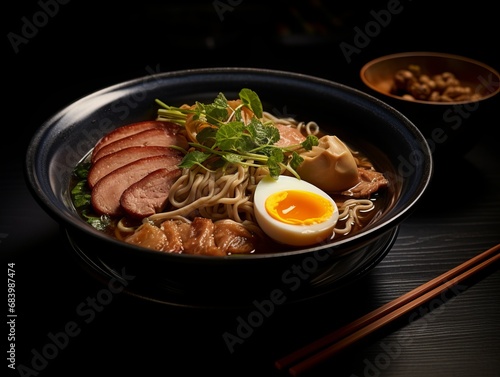 Delectable Ramen Bowl: Egg, Sausage Extravaganza on a Sophisticated Dark Plate! Generative AI