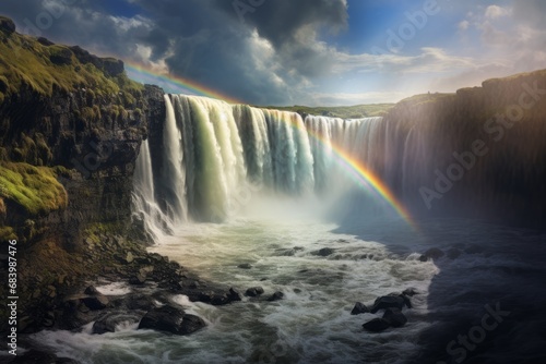 Enchanting Spectacle  A Rainbow Dancing Over Iceland s Majestic Waterfall Generative AI