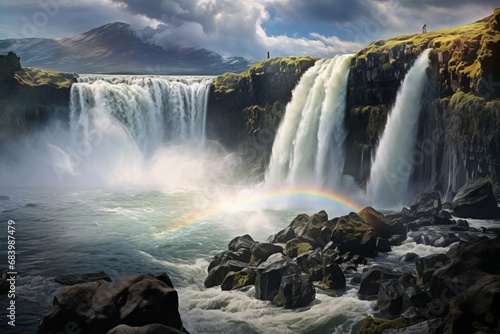Captivating Rainbow Enchantment Over an Icelandic Waterfall  A Mesmerizing Sight  Generative AI