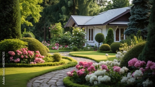 luxury landscape design with green manicured lawn, beautiful flower beds and path.  © ANEK