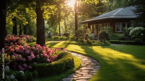 luxury landscape design with green manicured lawn, beautiful flower beds and path. 