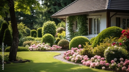 luxury landscape design with green manicured lawn, beautiful flower beds and path. 