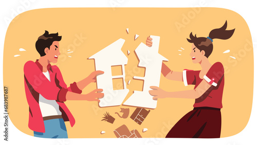 Property division conflict after couple divorce. Angry husband man, wife woman family persons fighting for house. Real estate separation disagreement problem concept flat vector illustration