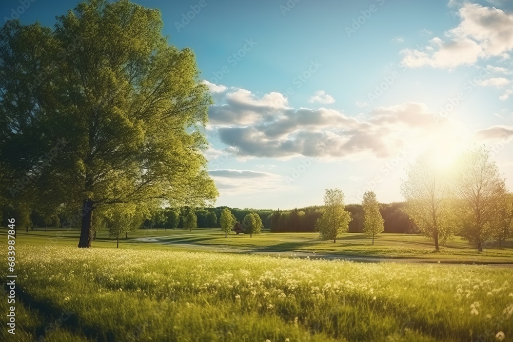 Bask in the Serene Splendor: Stunning Panorama of Sunny Fields and Majestic Trees Generative AI Bask in the Serene Splendor: Stunning Panorama of Sunny Fields and Majestic Trees Generative AI