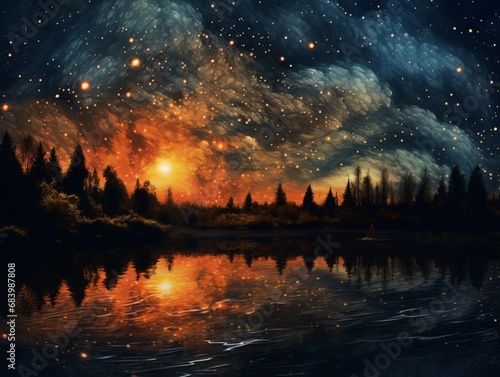 Captivating Dance of Fire and Stars: A Mesmerizing Night Sky Spectacle Generative AI © monsifdx