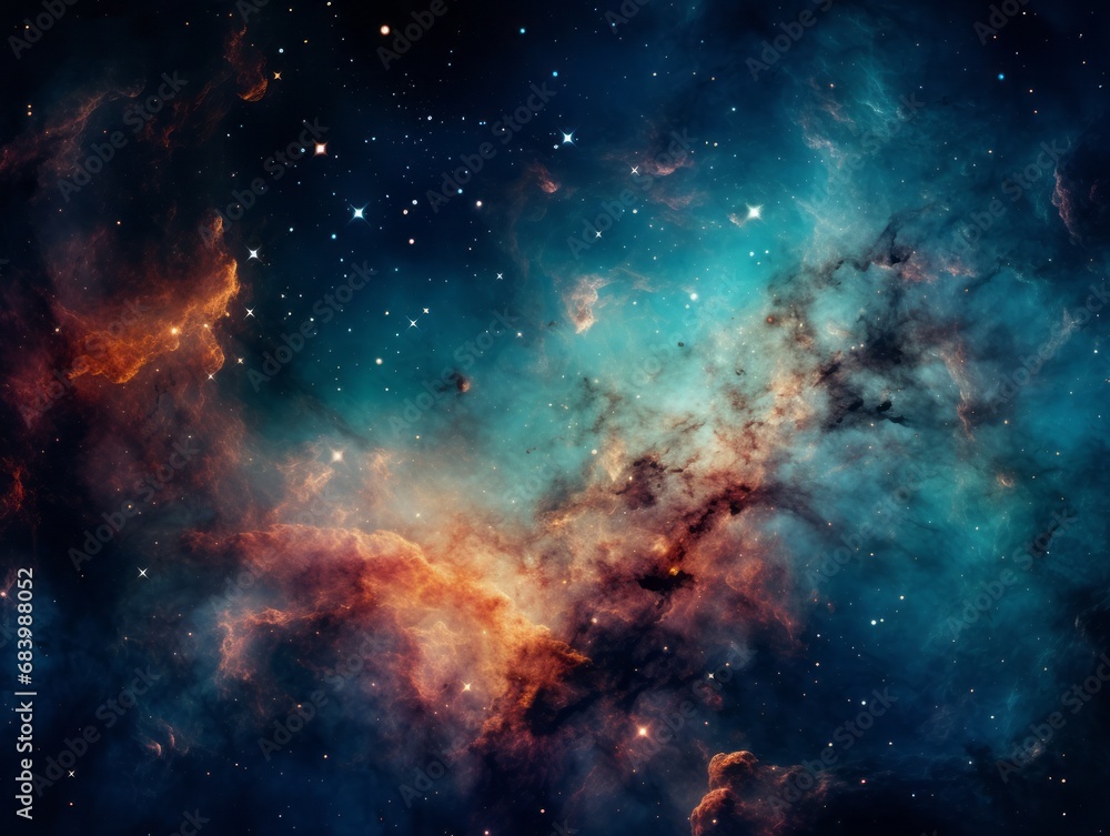 Vibrant Galactic Dance: Unveiling a Stunning Orange and Blue Nebula Generative AI