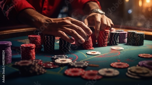 Exciting poker games at an online casino, cards, and chips on the table, gambling experience, winning hands and bets. photo