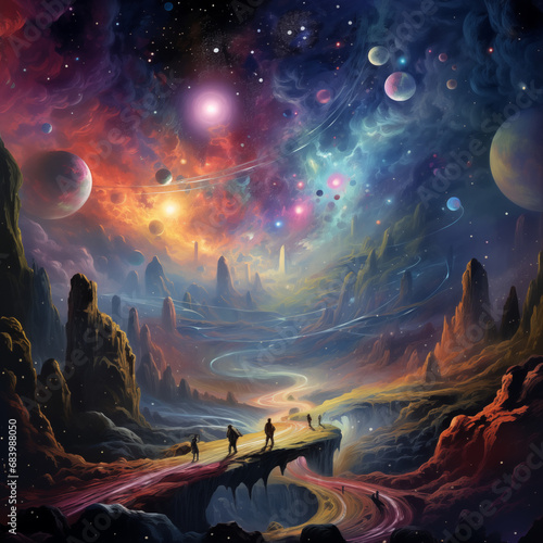 space art trippy colorful planet landscape illustraion with stars, planets and nebulas night sky photo