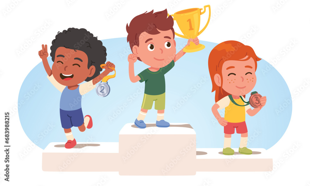 Kids champions competition winners on podium. Happy girl, boys children persons holding medals and first place gold trophy cup award. Sport win, victory, success, achievement flat vector illustration Kids champions competition winners on podium. Happy girl, boys children persons holding medals and first place gold trophy cup award. Sport win, victory, success, achievement flat vector illustration