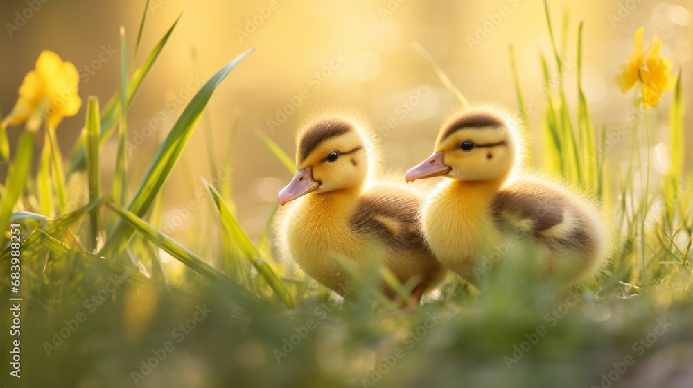 Adorable Twins: Captivating Image of Two Baby Ducks Playing in the Grass Generative AI
