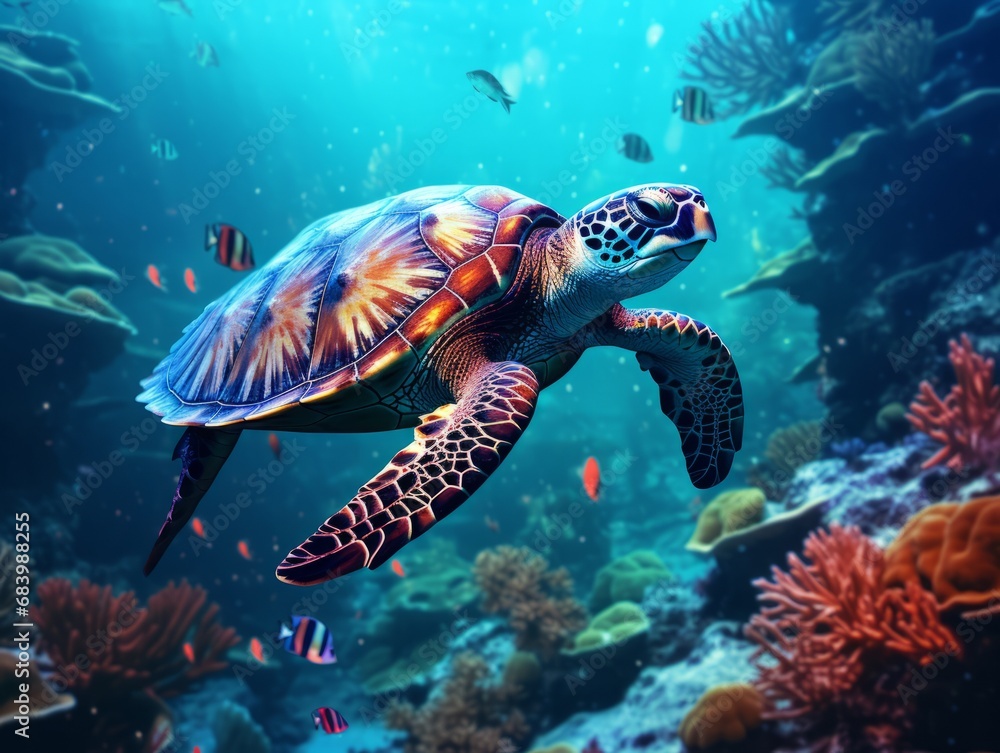 Fototapeta premium Stunning Underwater Scene: Majestic Turtle Gliding Beside Vibrant Coral Reef Generative AI