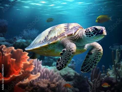 Encounter with Enchanting Underwater Ecosystem: Diving Beside a Majestic Turtle Generative AI