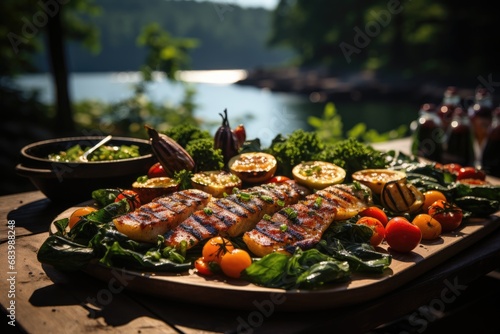 Appetizing grilled fish with grilled vegetables