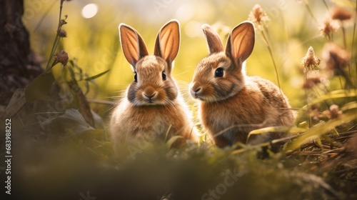 Adorable Duo: A Glimpse into the Lives of Two Garden Bunnies in Their Natural Habitat Generative AI © monsifdx