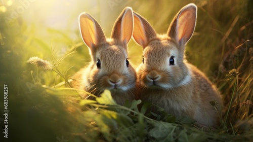Captivating Moment: A Pair of Bunny Rabbits in their Natural Habitat Generative AI © monsifdx