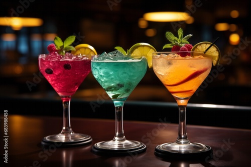Colorful cocktails on a bar counter in a nightclub  close-up