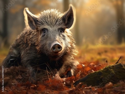 Mesmerizing Encounter: Wild Boar in Autumn Splendor! Generative AI