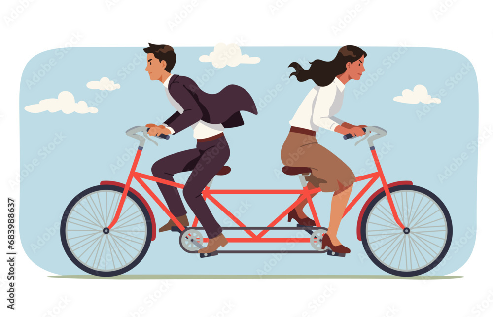 Business team disagreement conflict problem. Man and woman persons cycling tandem bicycle in opposite directions arguing. Unproductive team, misunderstanding concept flat vector illustration Business team disagreement conflict problem. Man and woman persons cycling tandem bicycle in opposite directions arguing. Unproductive team, misunderstanding concept flat vector illustration