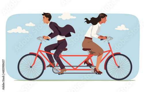 Business team disagreement conflict problem. Man and woman persons cycling tandem bicycle in opposite directions arguing. Unproductive team, misunderstanding concept flat vector illustration