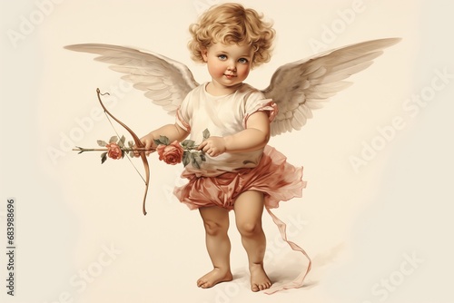Little angel with a bouquet of flowers on a white background. Valentine's Day background