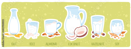 Vegan plant drink nutrition sticker set. Natural vegetarian oat, rice, almond, coconut, hazelnut, soy milk beverages. Healthy food, alternative product, organic vitamin diet flat vector illustration