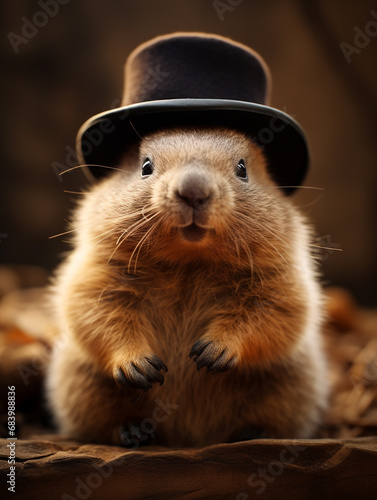 Groundhog Day. February 2nd, Punxsutawney Phil, hat, happy and smiling. folklore, superstition, weather forecasting, symbol of anticipation for changing seasons. banner, greeting card, copy space.