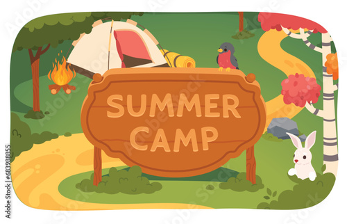 Summer camp sign in nature with tent and campfire. Summertime forest with trees, animals, bonfire and path. Summer camping recreation, adventure tourism concept poster flat vector illustration