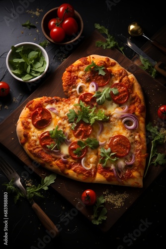 Heart shaped pizza with mozzarella, tomatoes and basil on wooden background. Valentine's Day background