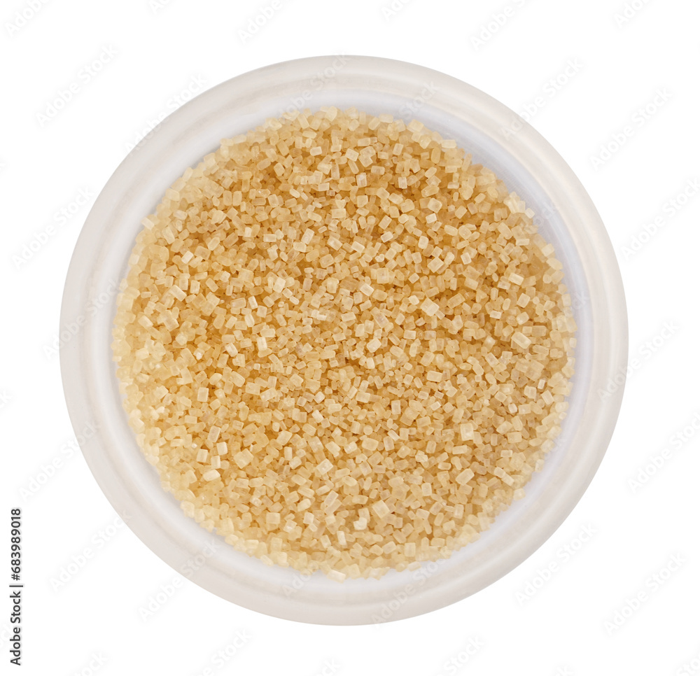 Small bowl of raw brown sugar with scattered crystals on white background Small bowl of raw brown sugar with scattered crystals on white background