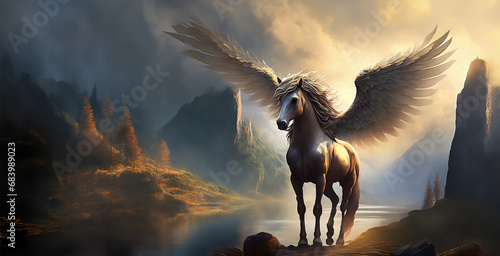 illustration d'un cheval blanc avec des ailes dans un décor montagneux sombre et ténébreux marchant dans un rivière photo