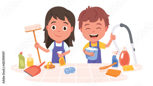 Kids with housekeeping home cleaning equipment. Smiling boy and girl children persons with vacuum cleaner, brush, detergent spray, bucket tools. Household washing supplies flat vector illustration