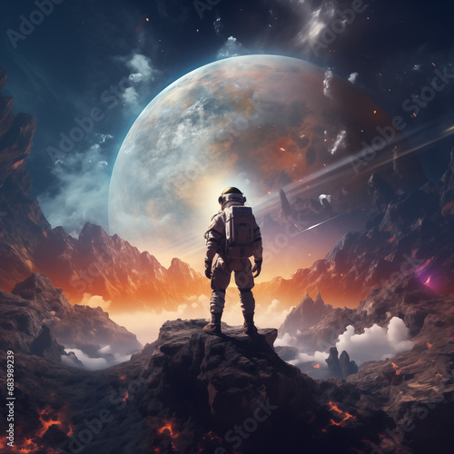 astronaut walking in colorful psychedelic planet environment space art landscape