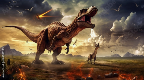 A scene from prehistory. Dinosaurs before extinction