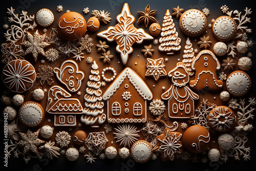 Christmas gingerbread cookies with beautiful patterns, New Year's atmosphere. Top view. Generative AI.