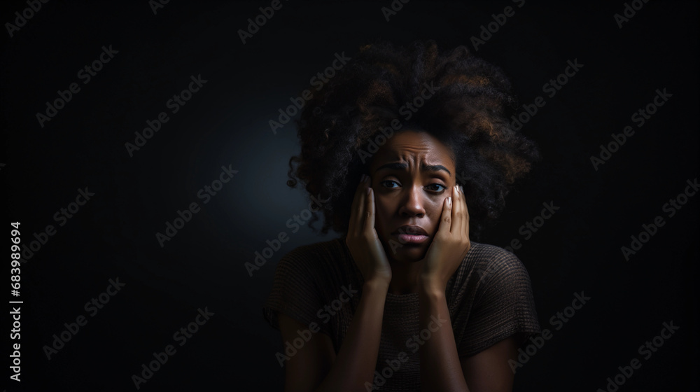 Depressed black African American woman desperate in dark room at home. Depressed black African American woman desperate in dark room at home.