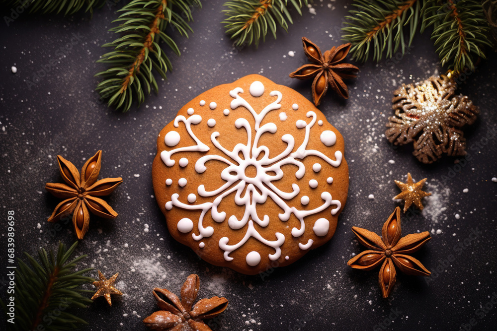 Christmas gingerbread cookies with beautiful patterns, New Year's atmosphere. Top view. Generative AI. Christmas gingerbread cookies with beautiful patterns, New Year's atmosphere. Top view. Generative AI.