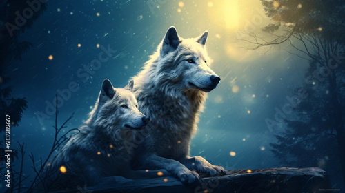 two wolves in the moonlight