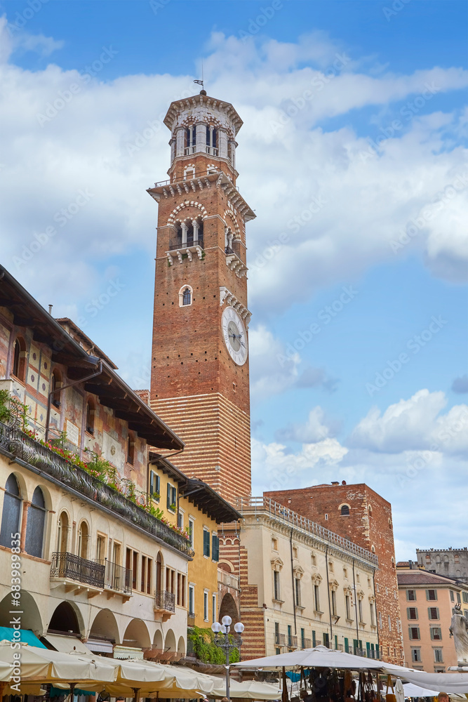 View of the city tower ( Torre dei Lamberti ) in Verona, province of Veneto, Italy.