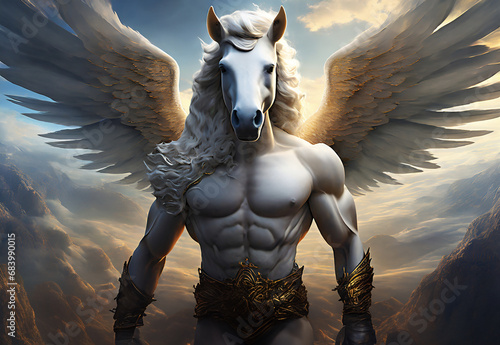 illustration dun homme musclé avec une tête de cheval sa crinière et des ailes de couleur blanc en posture guerrier portant une ceinture de métal sur un fond d'un ciel nuageux et sombre et de montagne photo