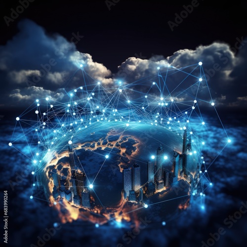 Innovative communication tech, Concept of a globally connected world, Cloud computing network, connecting through telecommunication, Social Network Online Community.