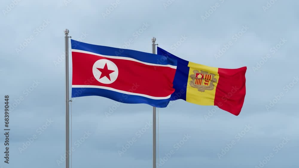 North Korea flag and Andorra flag waving together on cloudy sky, endless seamless loop North Korea flag and Andorra flag waving together on cloudy sky, endless seamless loop