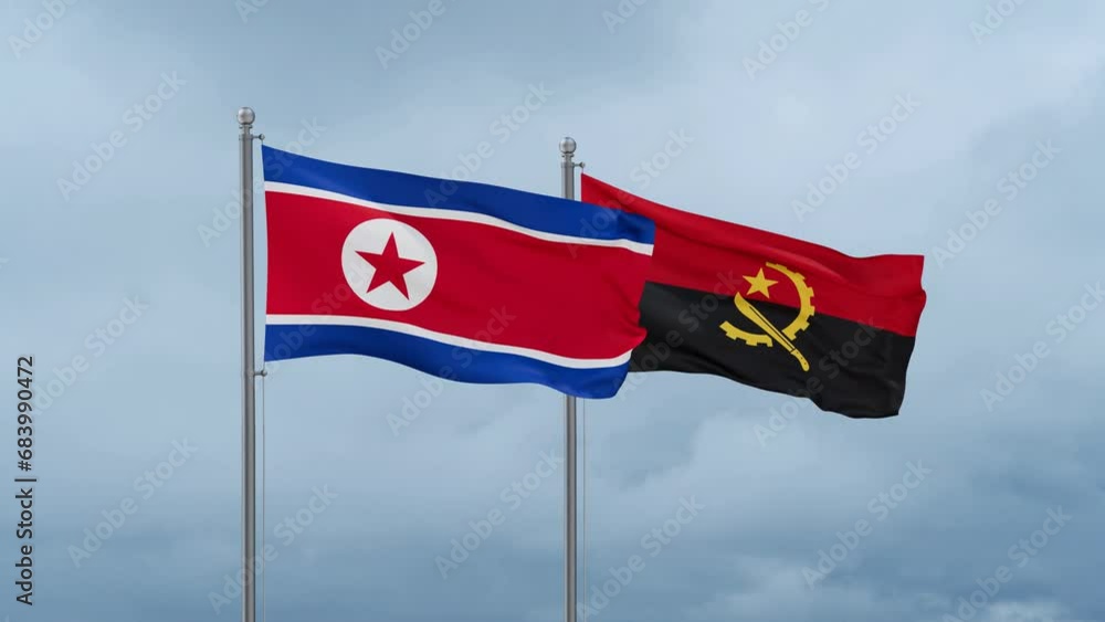 North Korea flag and Angola flag waving together on cloudy sky, endless seamless loop North Korea flag and Angola flag waving together on cloudy sky, endless seamless loop